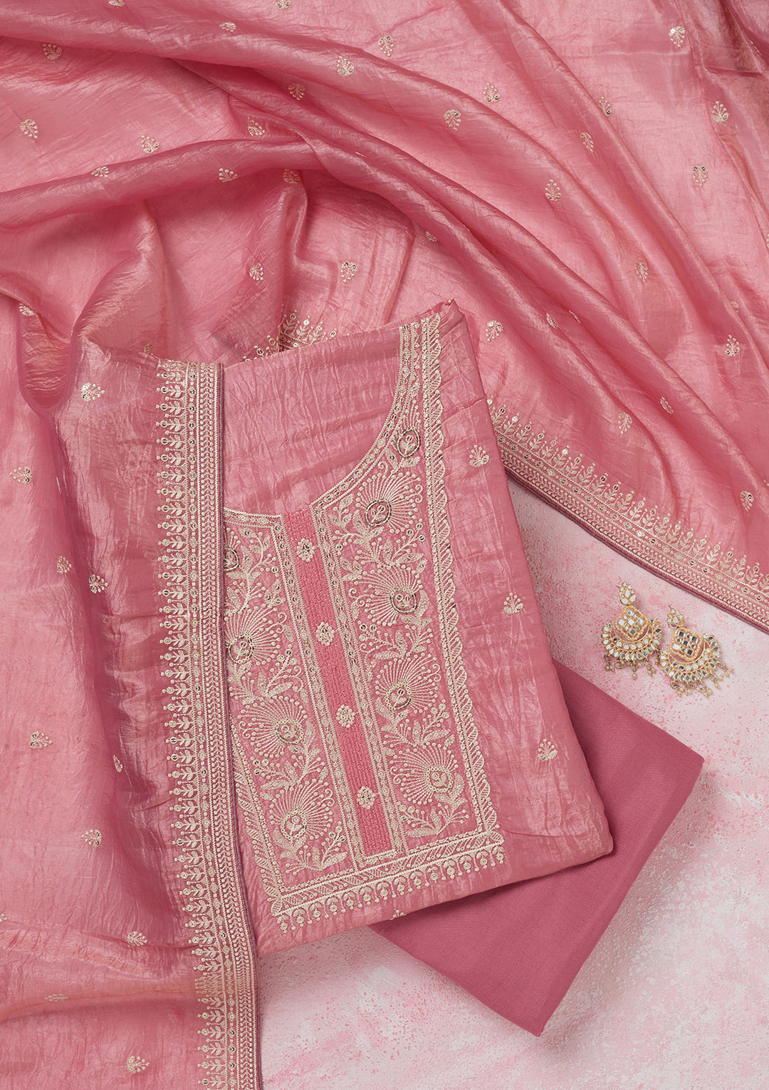 Pink Threadwork Semi Crepe Unstitched Salwar Suit