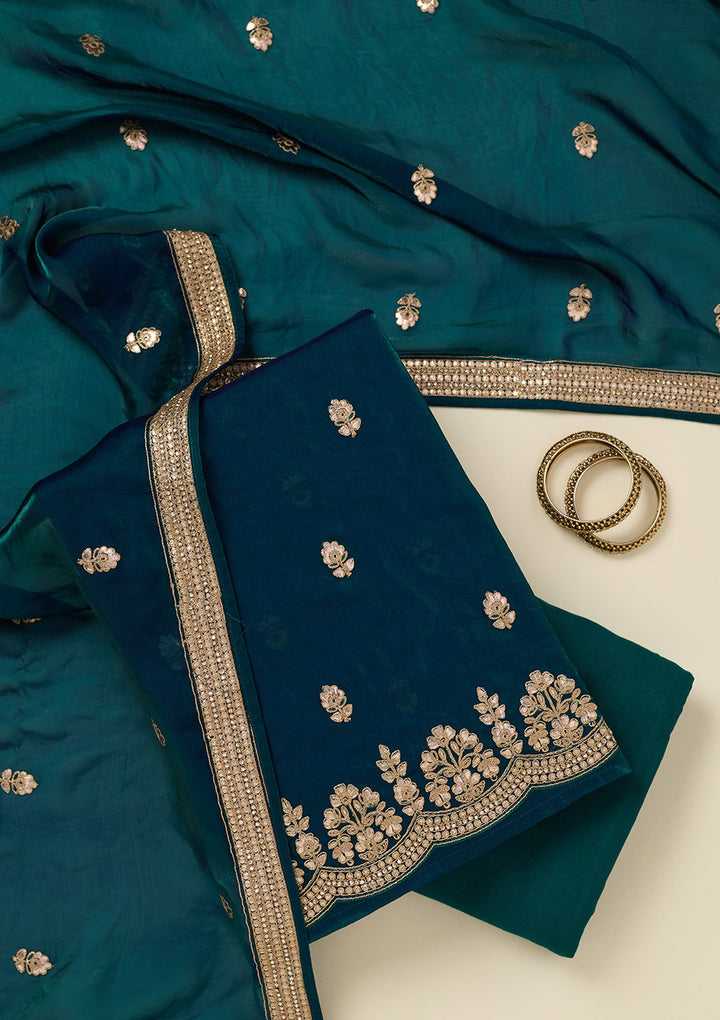 Peacock Blue Gotapatti Organza Unstitched Salwar Suit