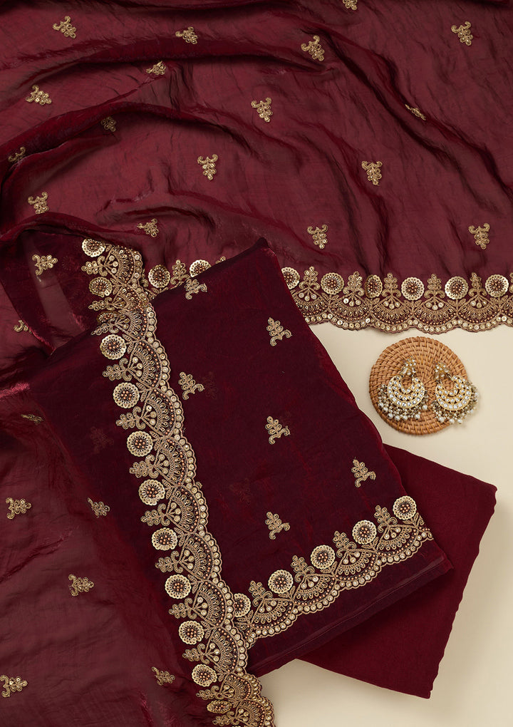 Maroon Cording Organza Unstitched Salwar Suit