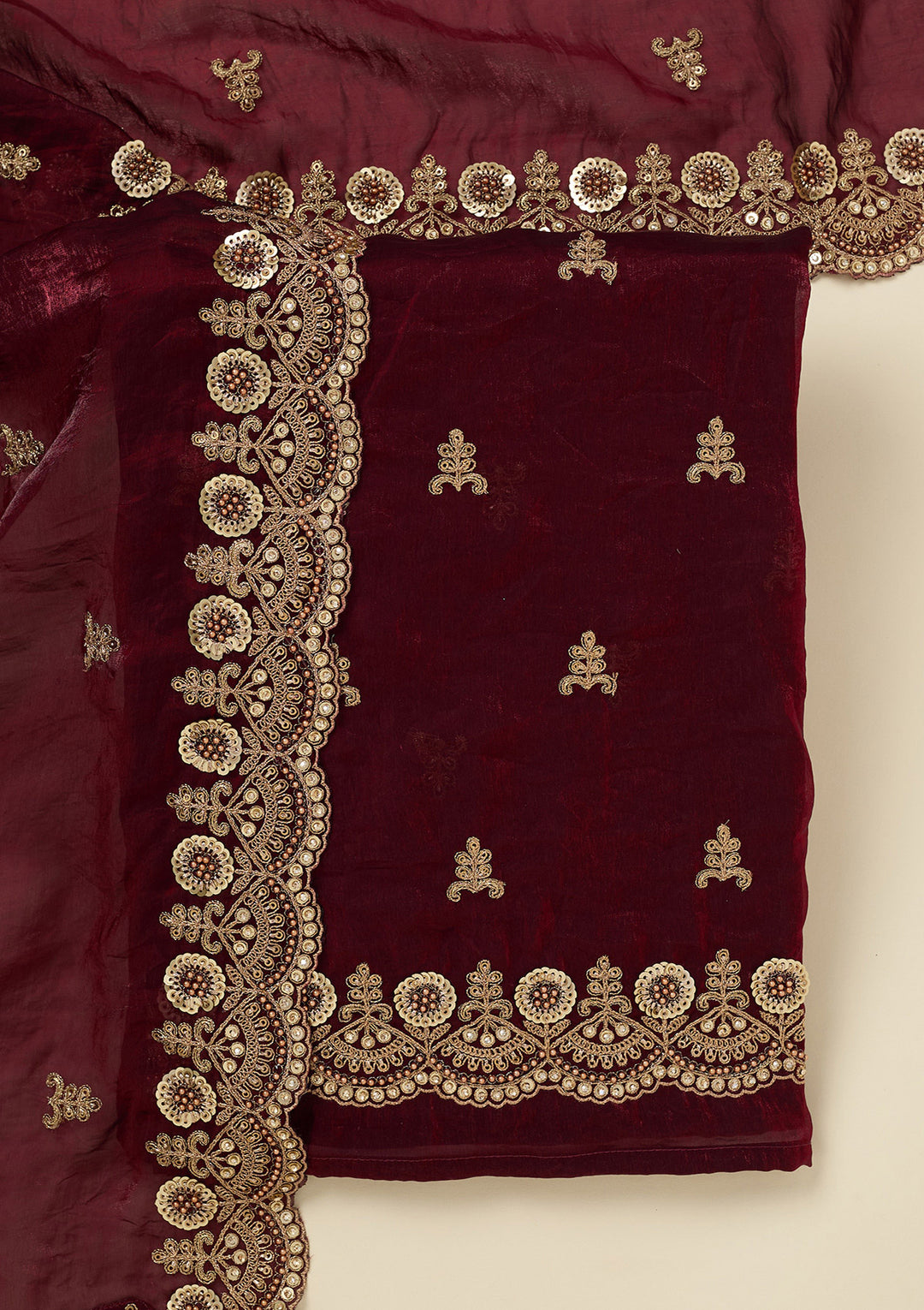 Maroon Cording Organza Unstitched Salwar Suit