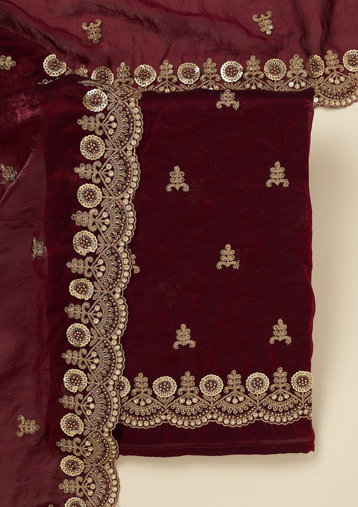 Maroon Cording Organza Unstitched Salwar Suit