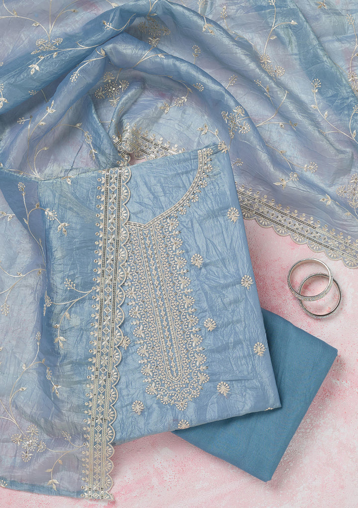 Grey Threadwork Tissue Unstitched Salwar Suit