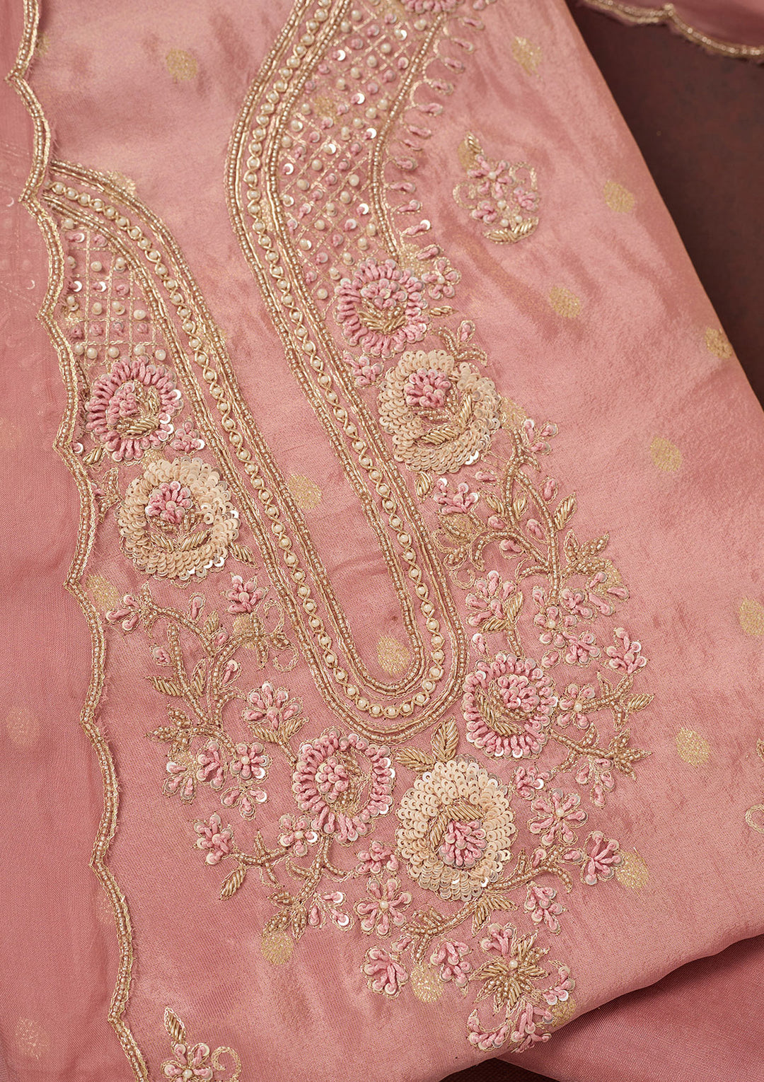Onion Pink Cutdana Organza Unstitched Salwar Suit