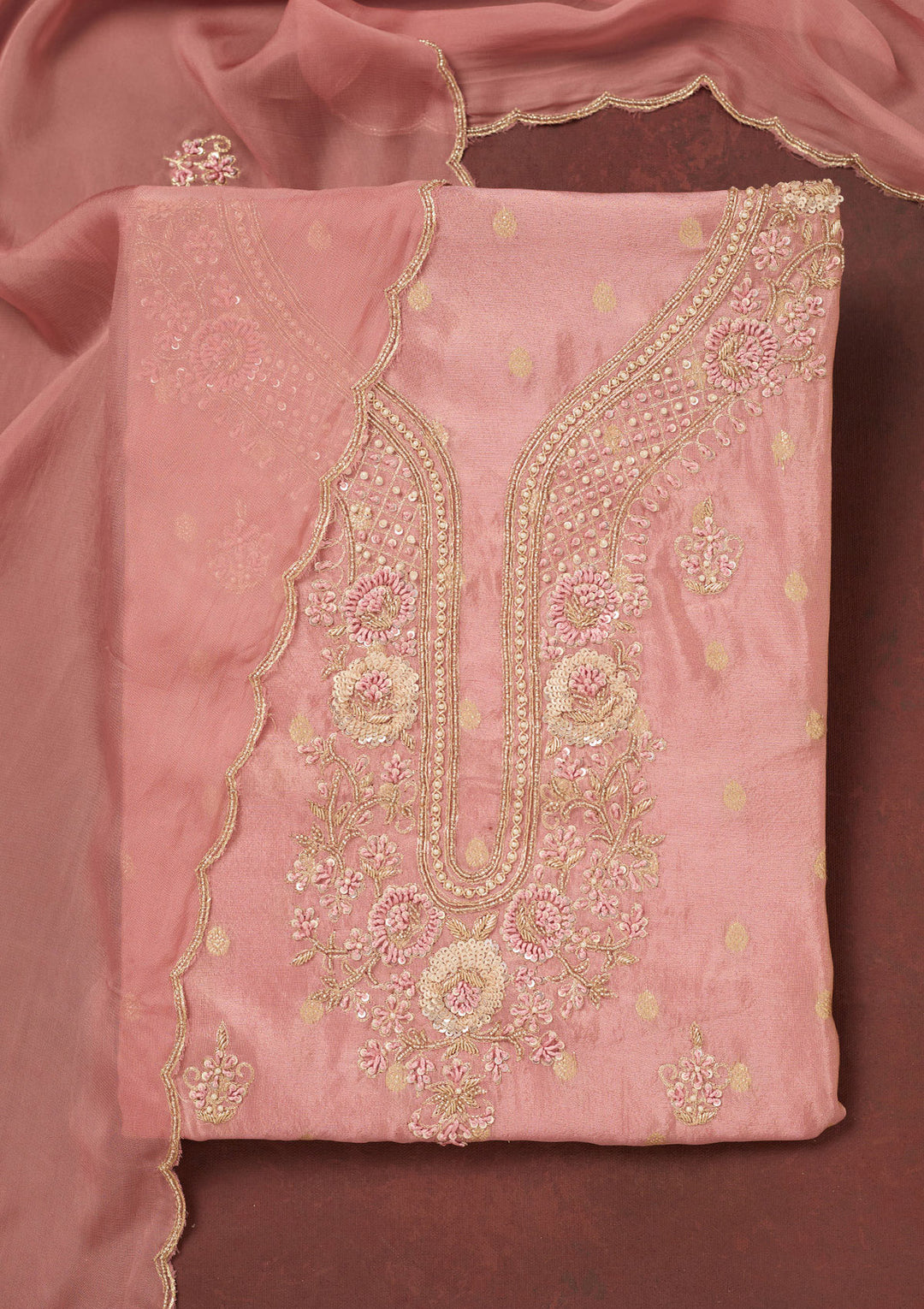 Onion Pink Cutdana Organza Unstitched Salwar Suit