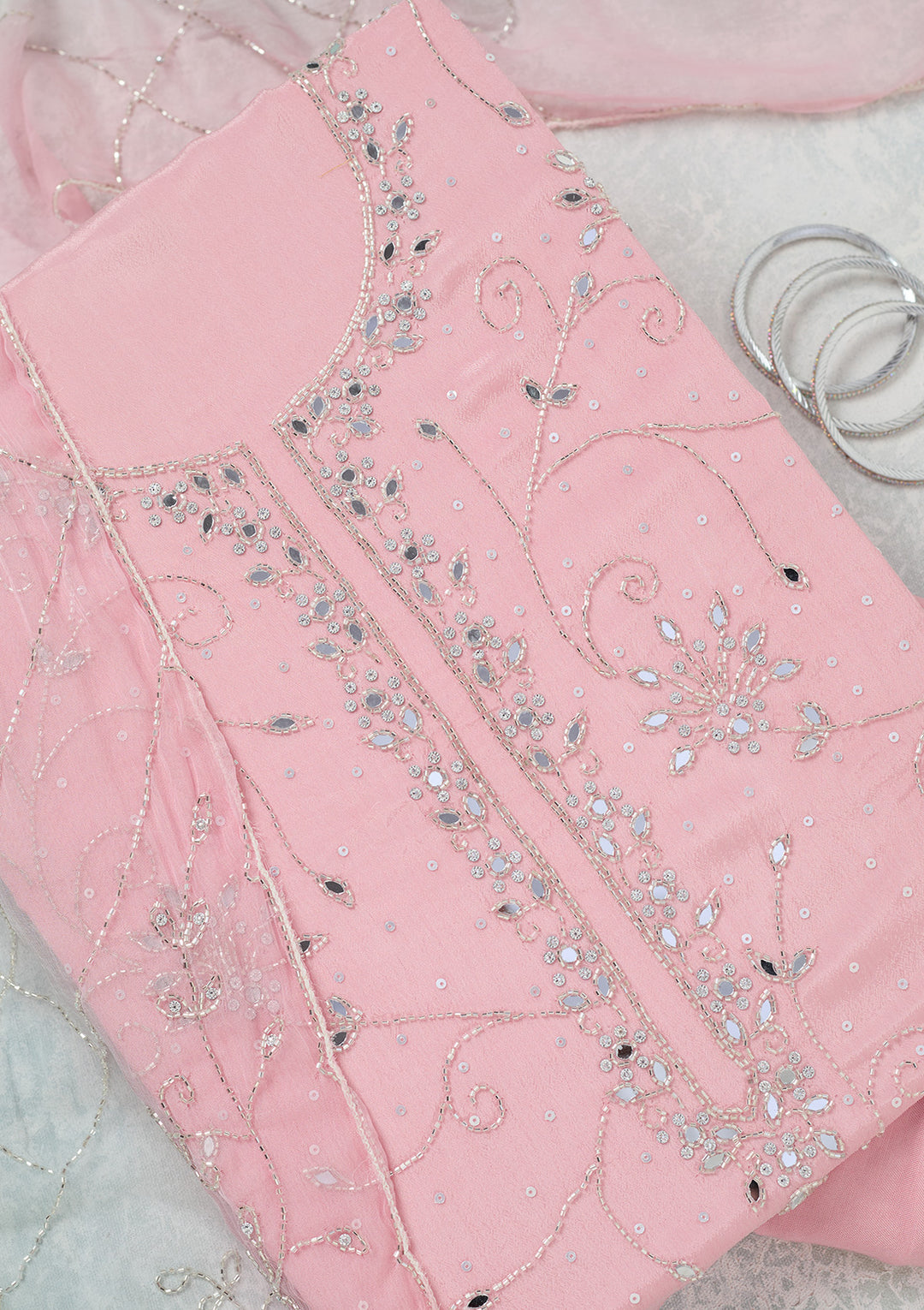 Pink Mirrorwork Georgette Unstitched Salwar Suit