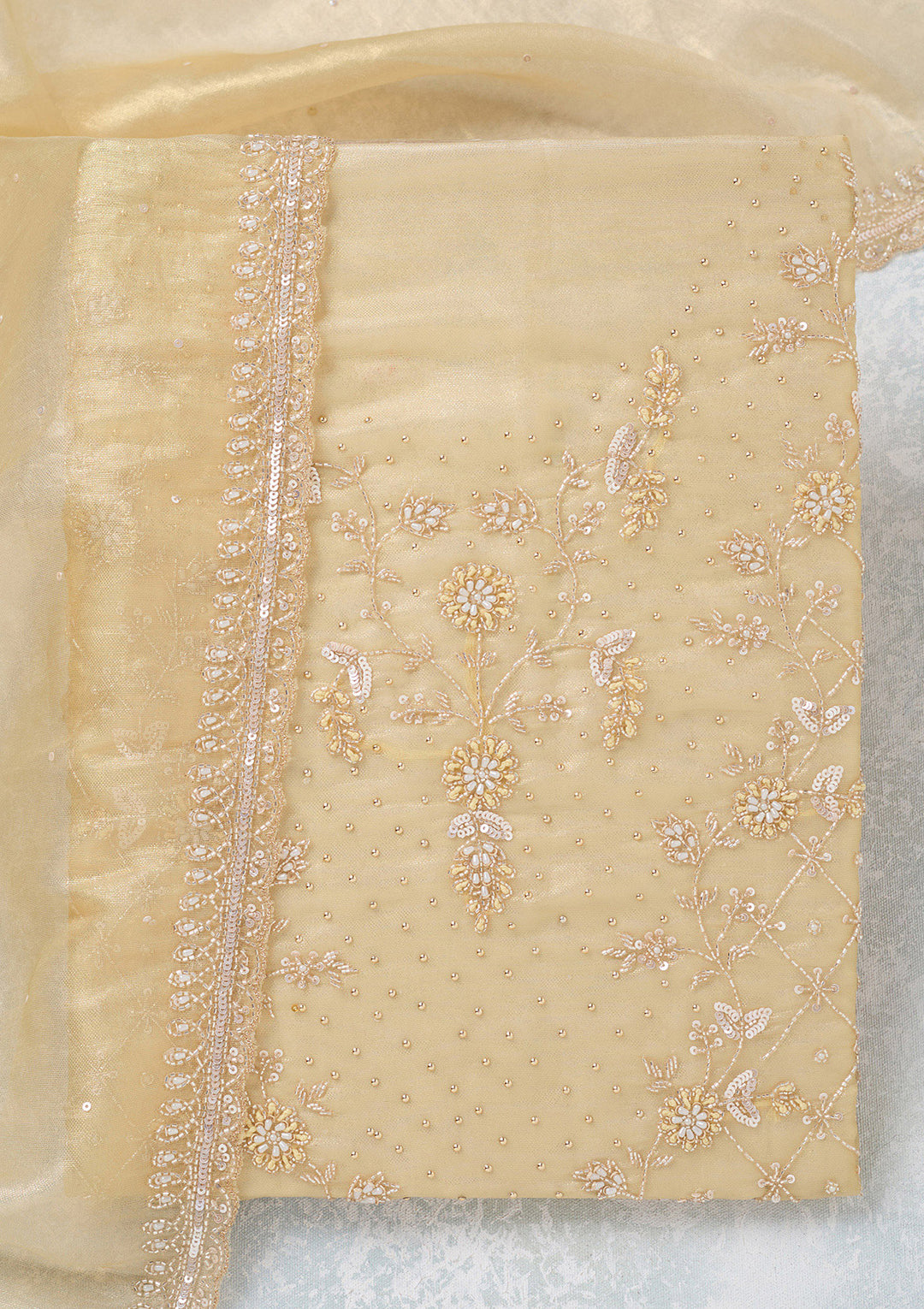 Gold Zariwork Tissue Unstitched Salwar Suit