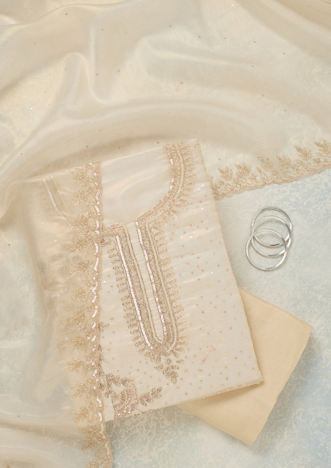 Off White Cutdana Tissue Unstitched Salwar Suit