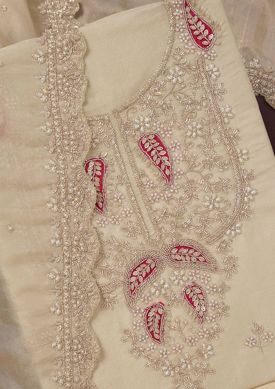 Cream Cutdana Organza Unstitched Salwar Suit