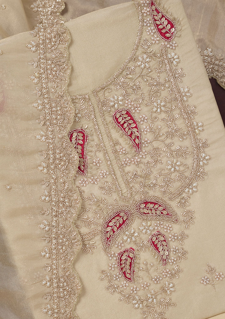 Cream Cutdana Organza Unstitched Salwar Suit