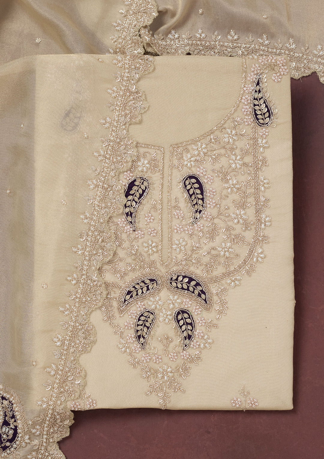 Cream Cutdana Organza Unstitched Salwar Suit