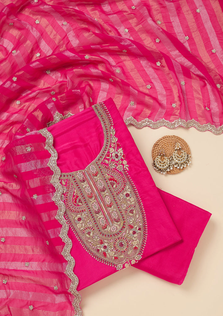 Rani Pink Zariwork (Gold) Semi Crepe Unstitched Salwar Suit