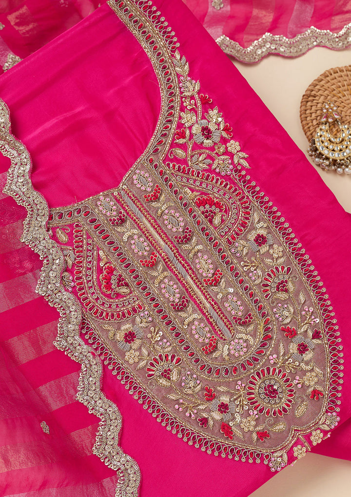 Rani Pink Zariwork (Gold) Semi Crepe Unstitched Salwar Suit