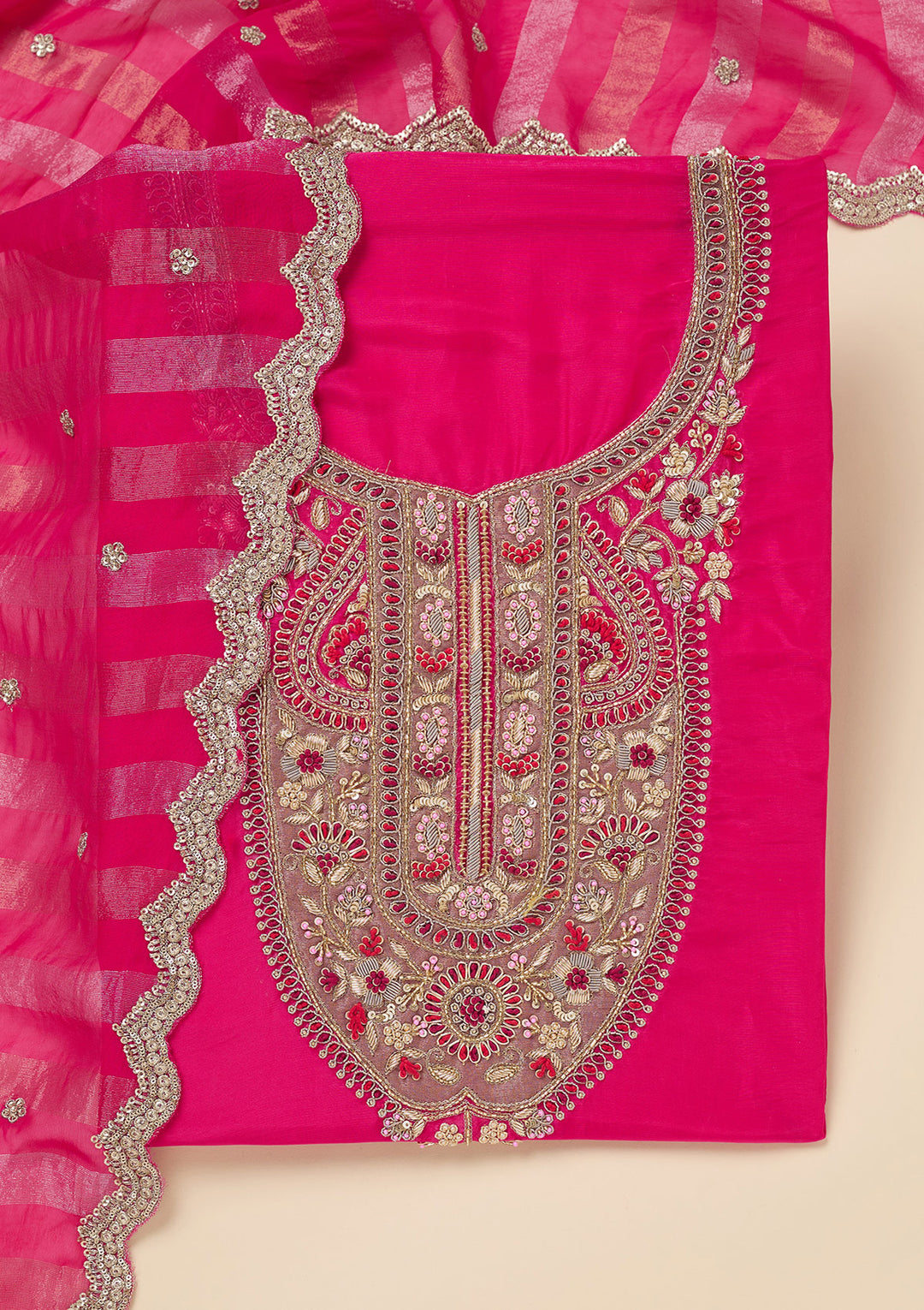 Rani Pink Zariwork (Gold) Semi Crepe Unstitched Salwar Suit