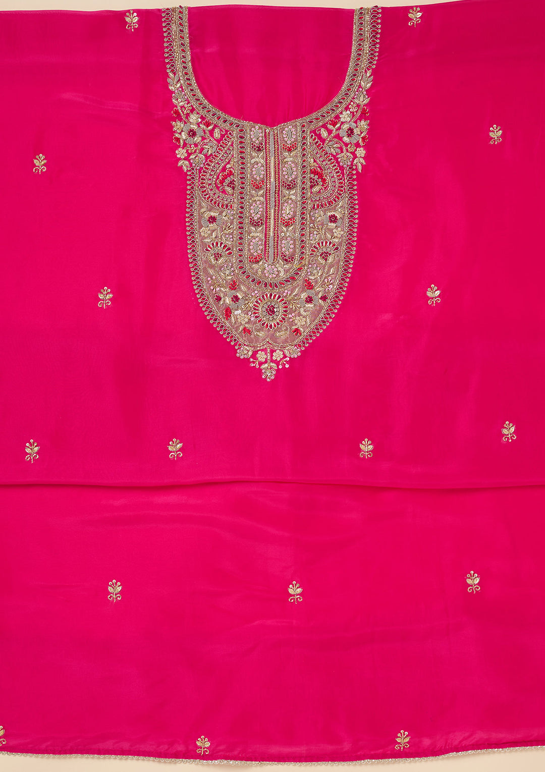 Rani Pink Zariwork (Gold) Semi Crepe Unstitched Salwar Suit