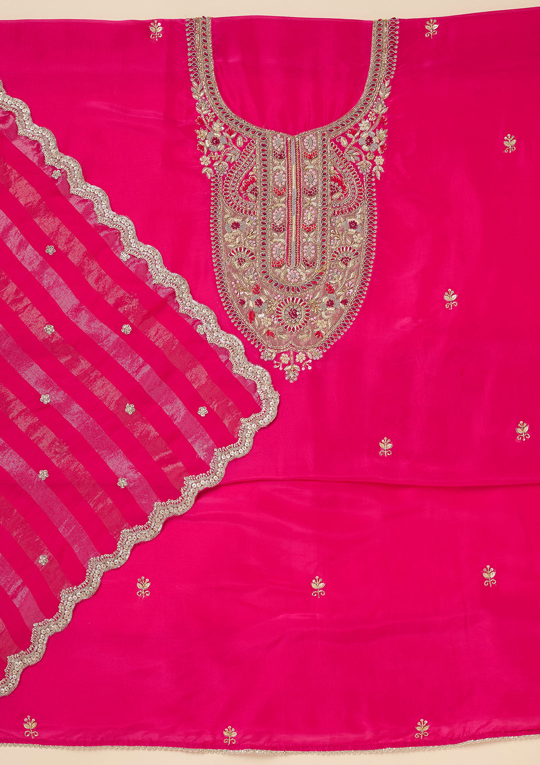 Rani Pink Zariwork (Gold) Semi Crepe Unstitched Salwar Suit