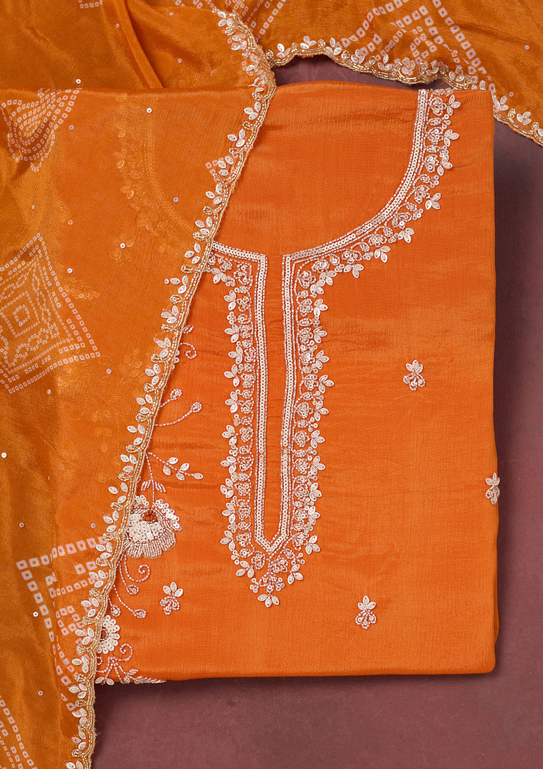Orange Cutdana Crepe Unstitched Salwar Suit
