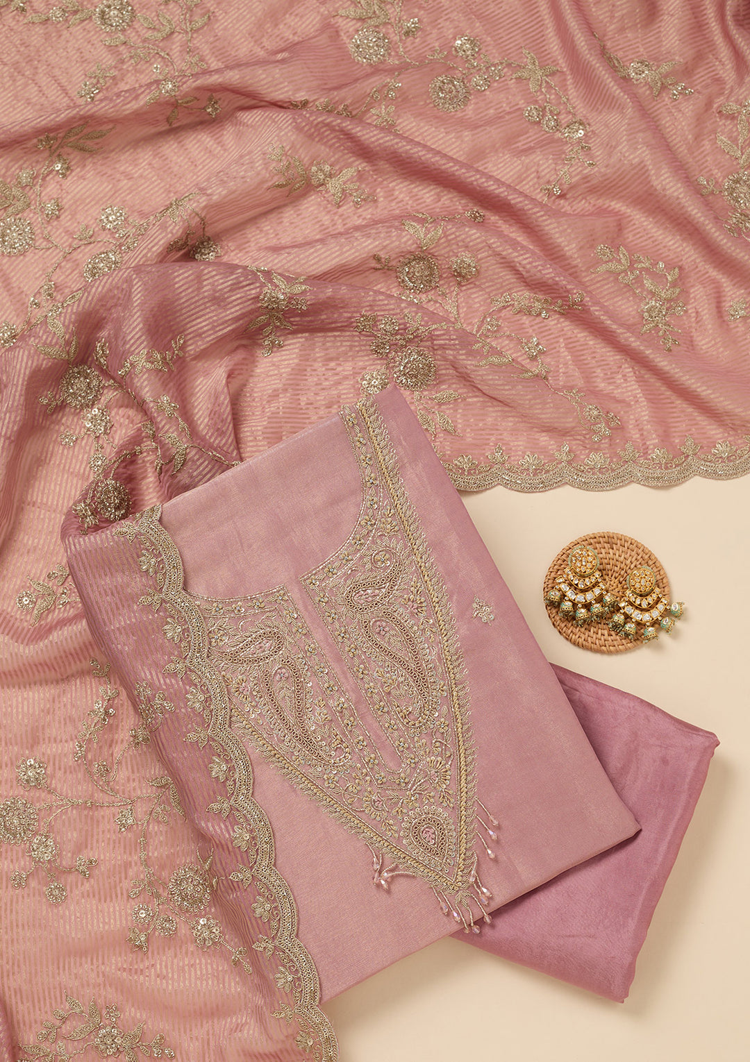 Pink Sequins Organza Unstitched Salwar Suit