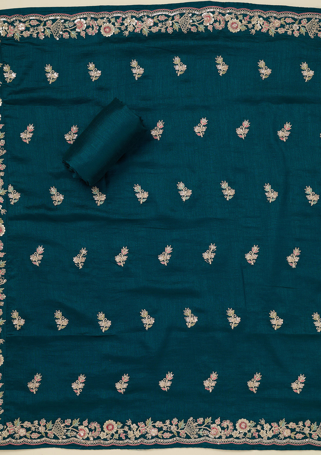 Peacock Blue Zariwork (Gold) Soft Raw Silk Unstitched Salwar Suit