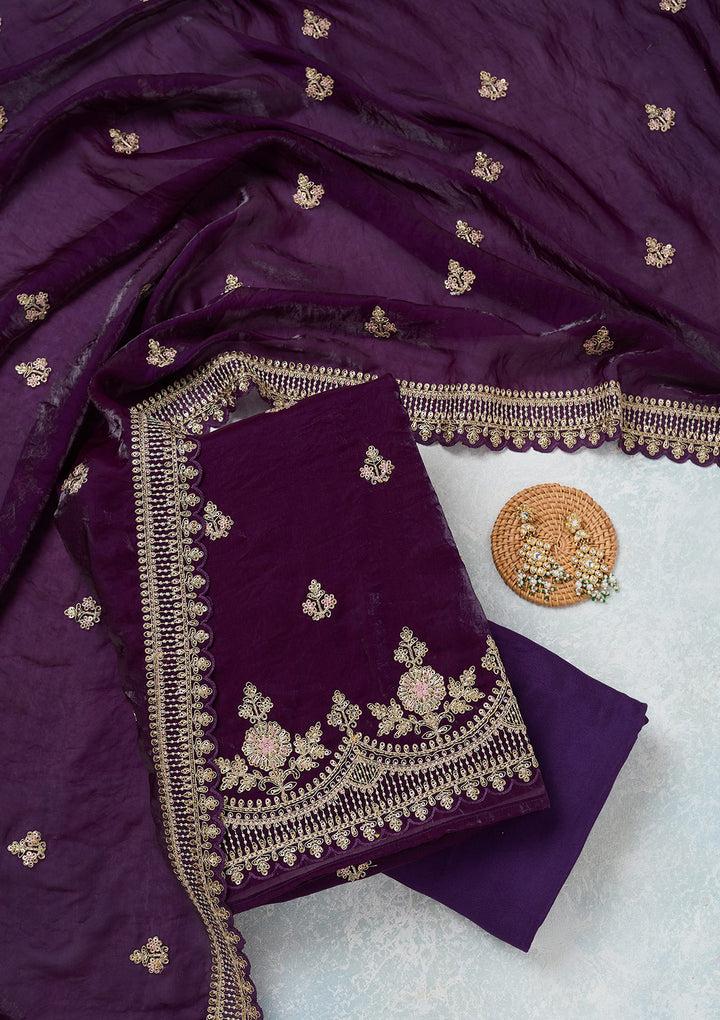 Purple Zariwork (Gold) Soft Raw Silk Unstitched Salwar Suit