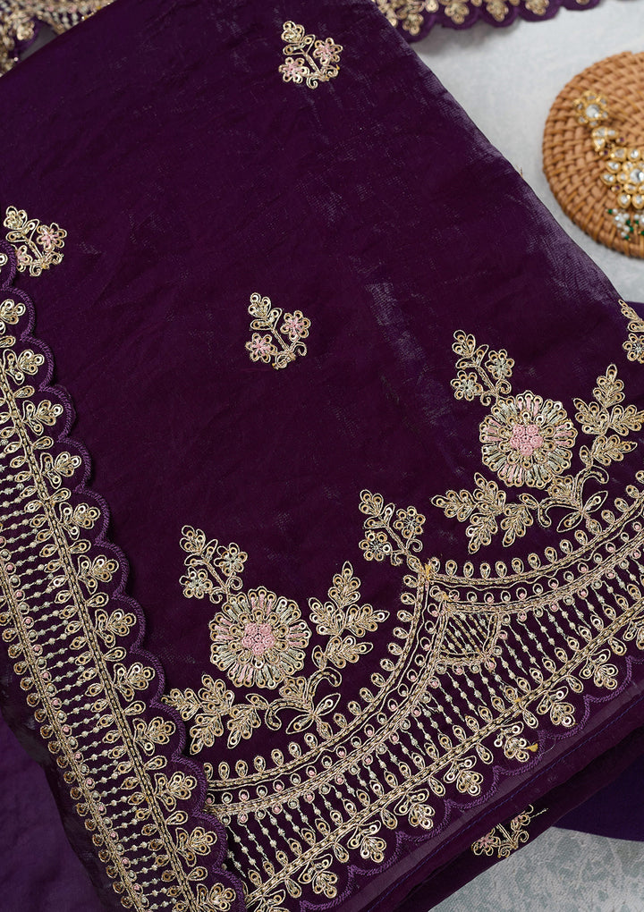 Purple Zariwork (Gold) Soft Raw Silk Unstitched Salwar Suit