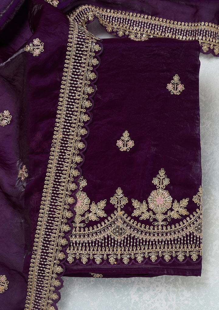 Purple Zariwork (Gold) Soft Raw Silk Unstitched Salwar Suit