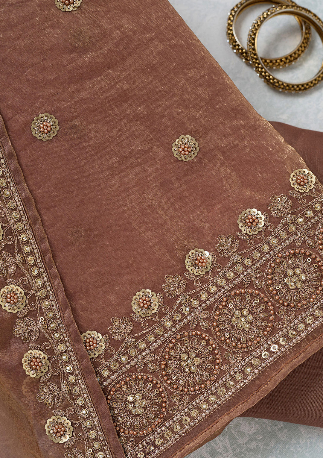 Beige Cording Organza Unstitched Salwar Suit