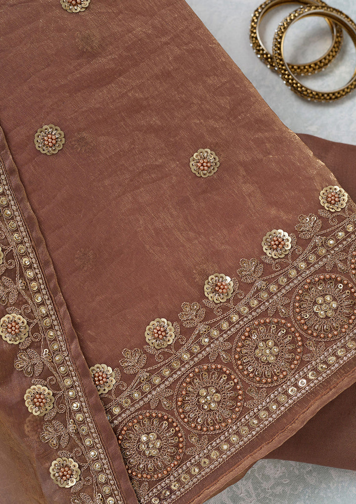 Beige Cording Organza Unstitched Salwar Suit