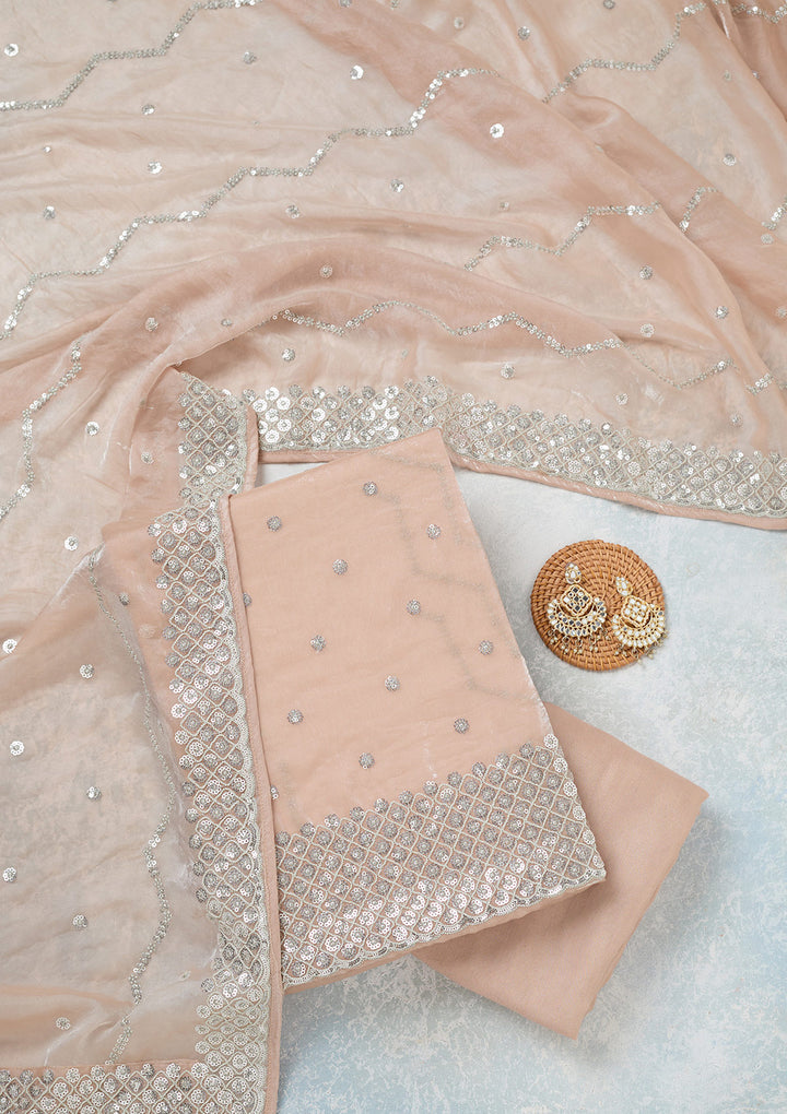 Beige Sequins Organza Unstitched Salwar Suit