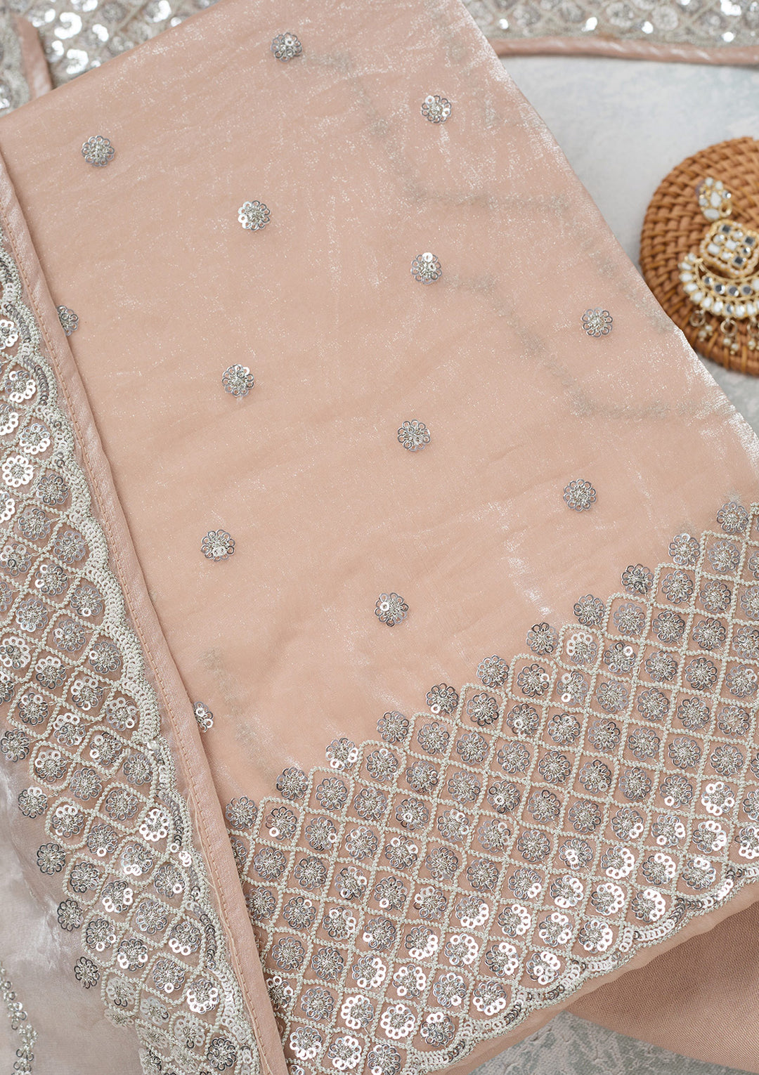 Beige Sequins Organza Unstitched Salwar Suit