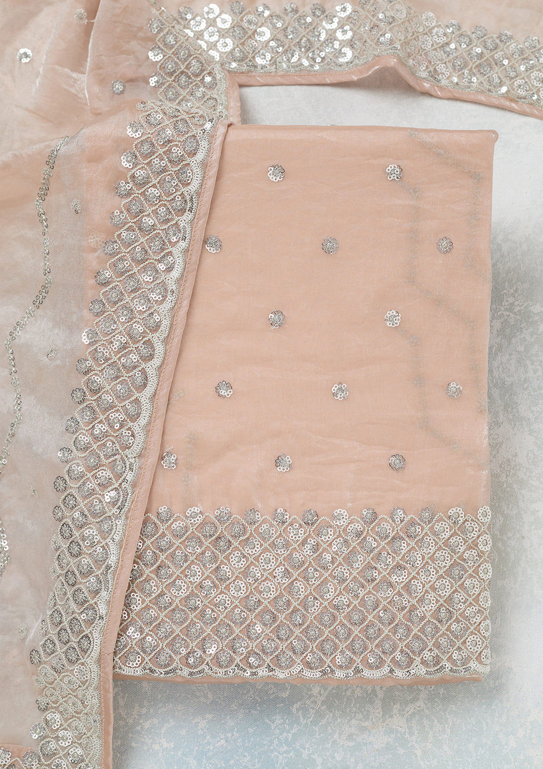 Beige Sequins Organza Unstitched Salwar Suit