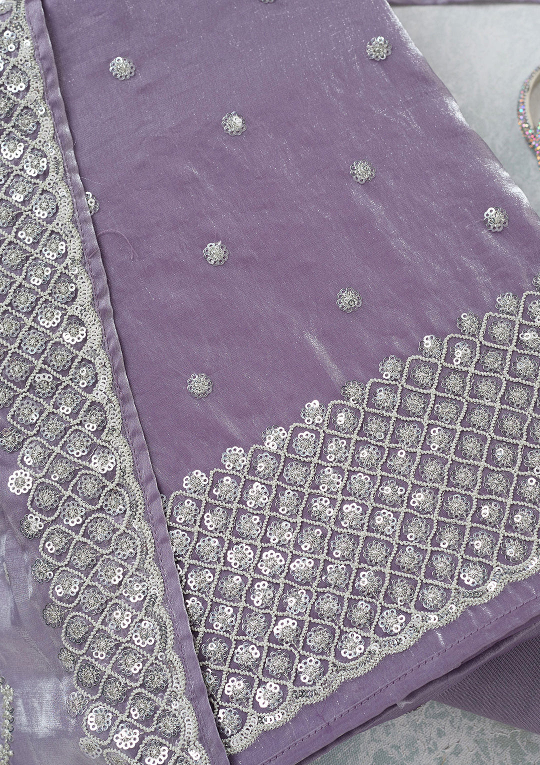 Lavender Sequins Organza Unstitched Salwar Suit