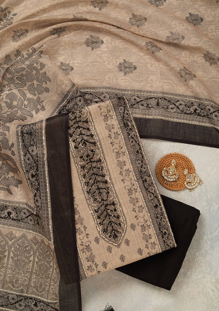 Beige Threadwork Chanderi Unstitched Salwar Suit