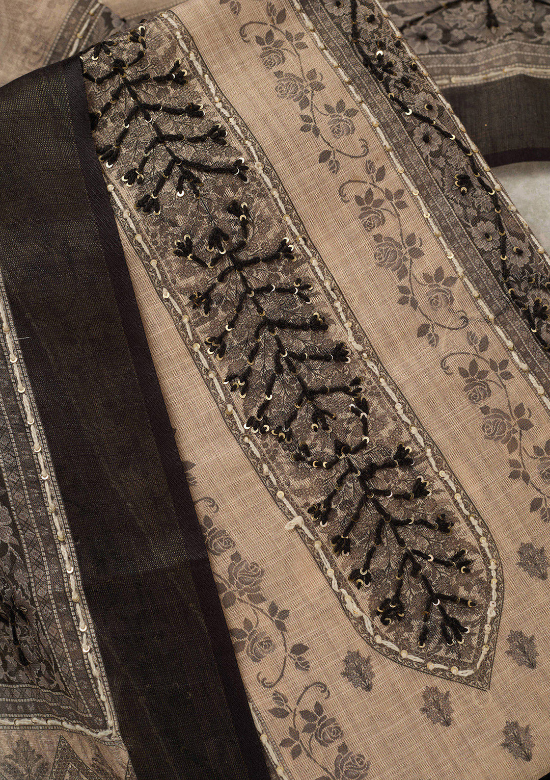 Beige Threadwork Chanderi Unstitched Salwar Suit