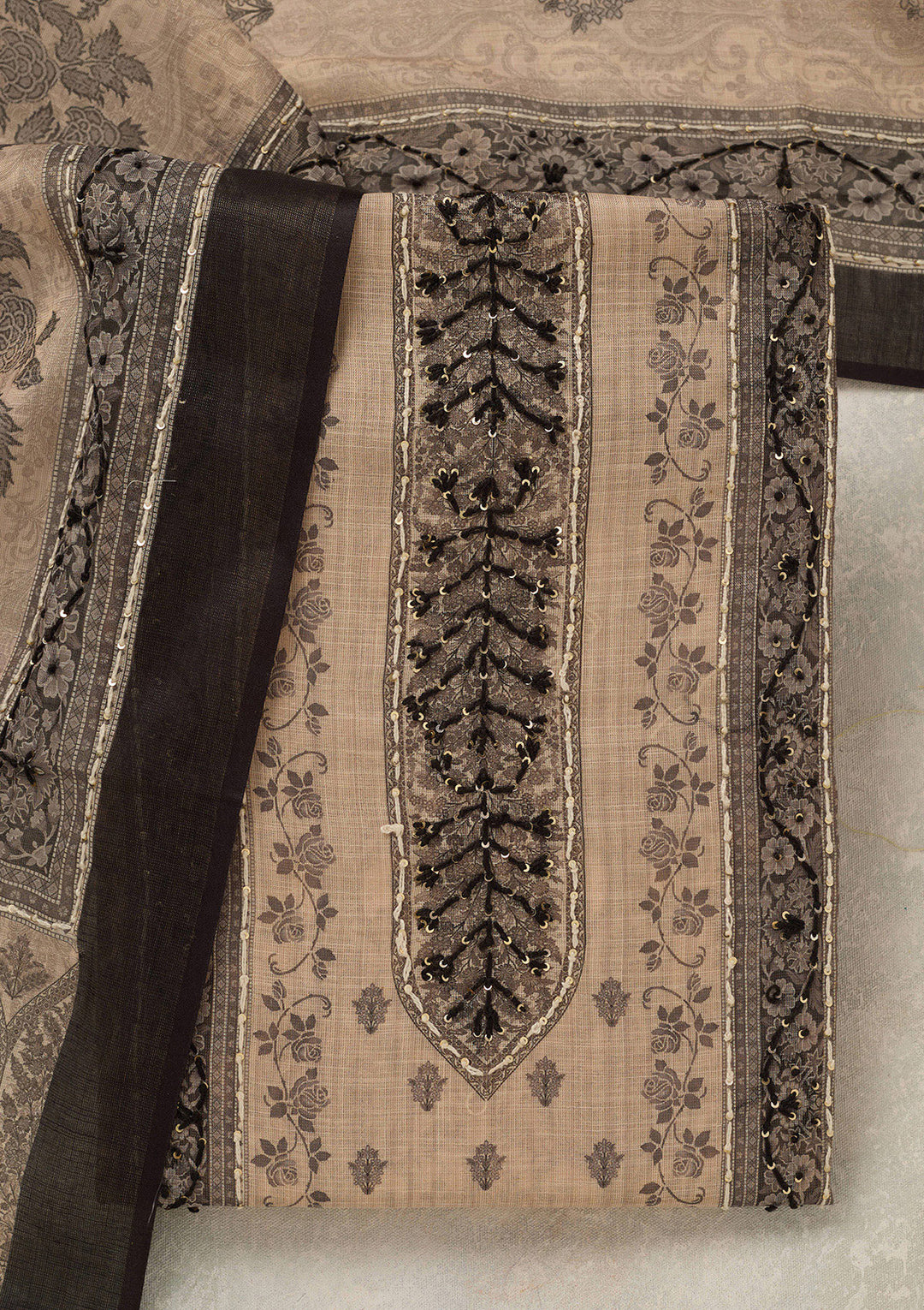 Beige Threadwork Chanderi Unstitched Salwar Suit