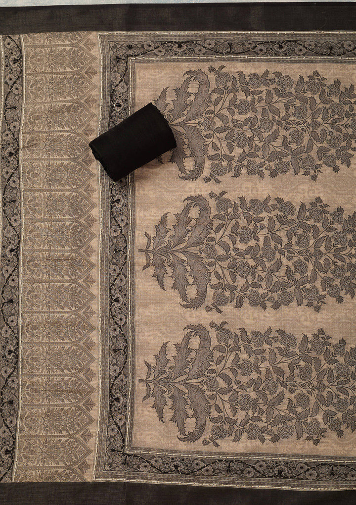 Beige Threadwork Chanderi Unstitched Salwar Suit