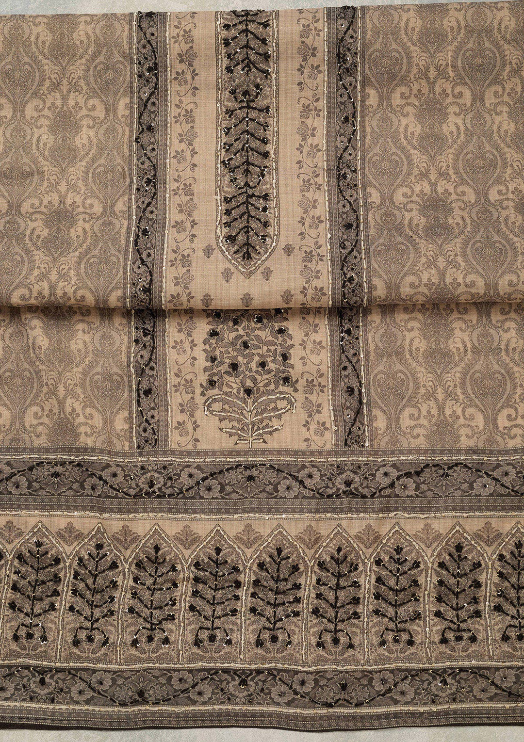 Beige Threadwork Chanderi Unstitched Salwar Suit