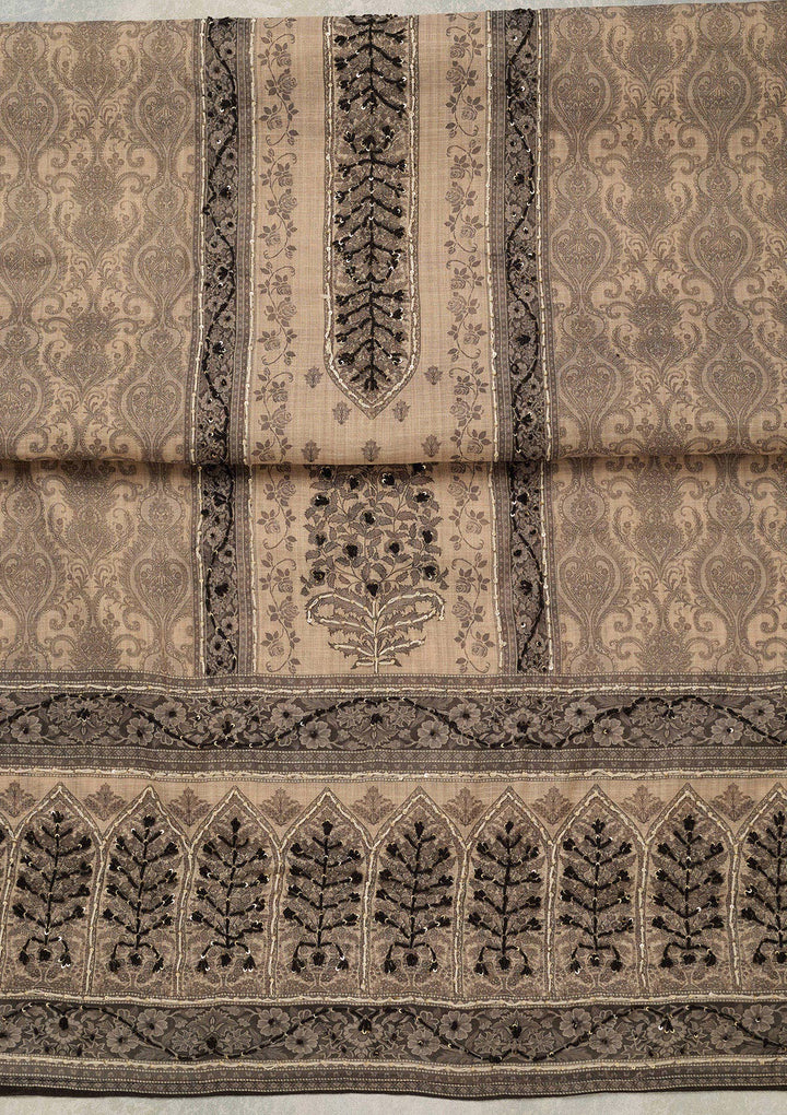 Beige Threadwork Chanderi Unstitched Salwar Suit