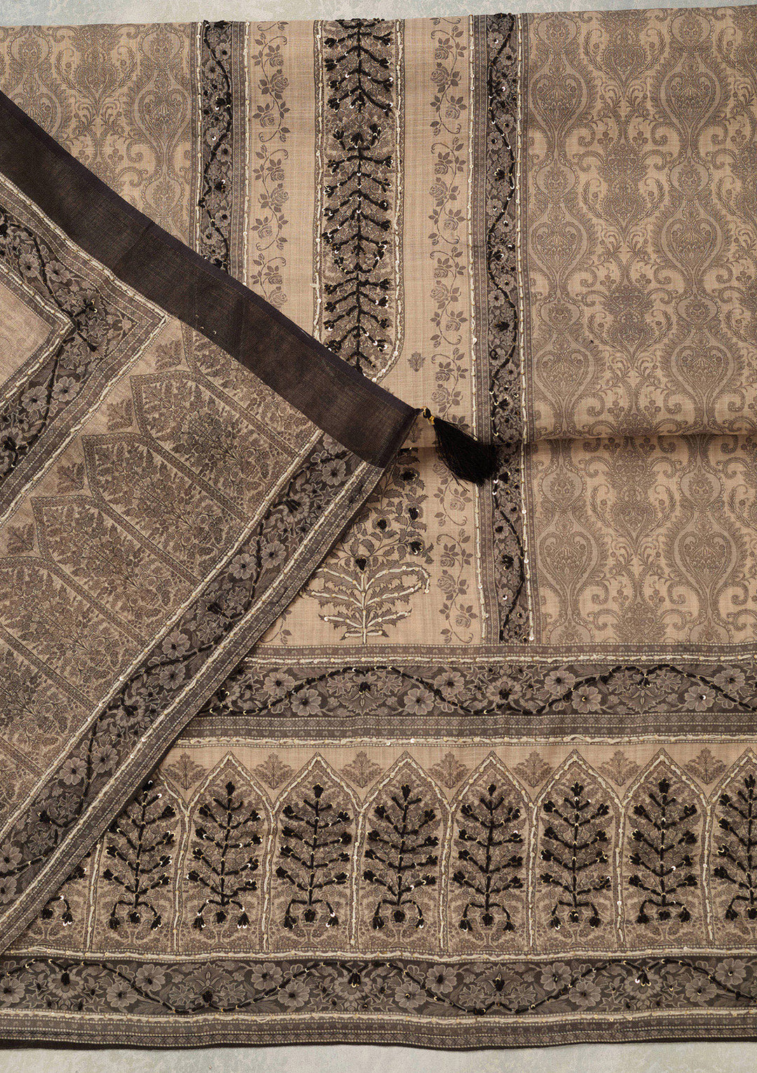 Beige Threadwork Chanderi Unstitched Salwar Suit