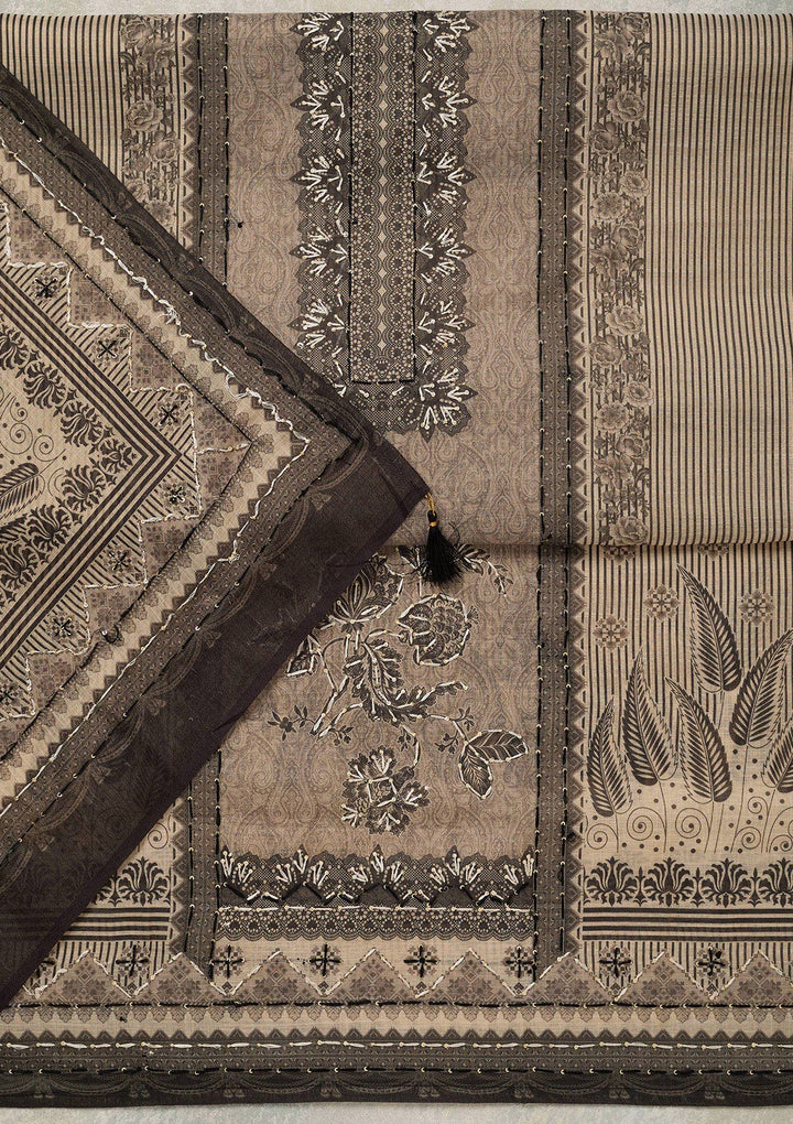 Beige Threadwork Chanderi Unstitched Salwar Suit