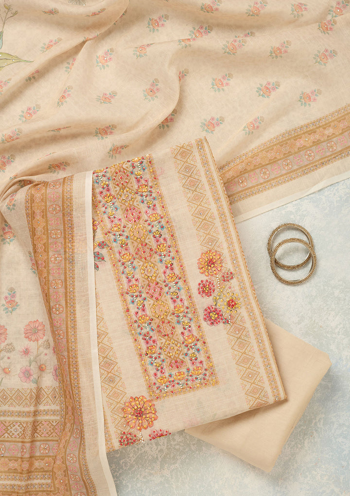 Cream Threadwork Linen Unstitched Salwar Suit