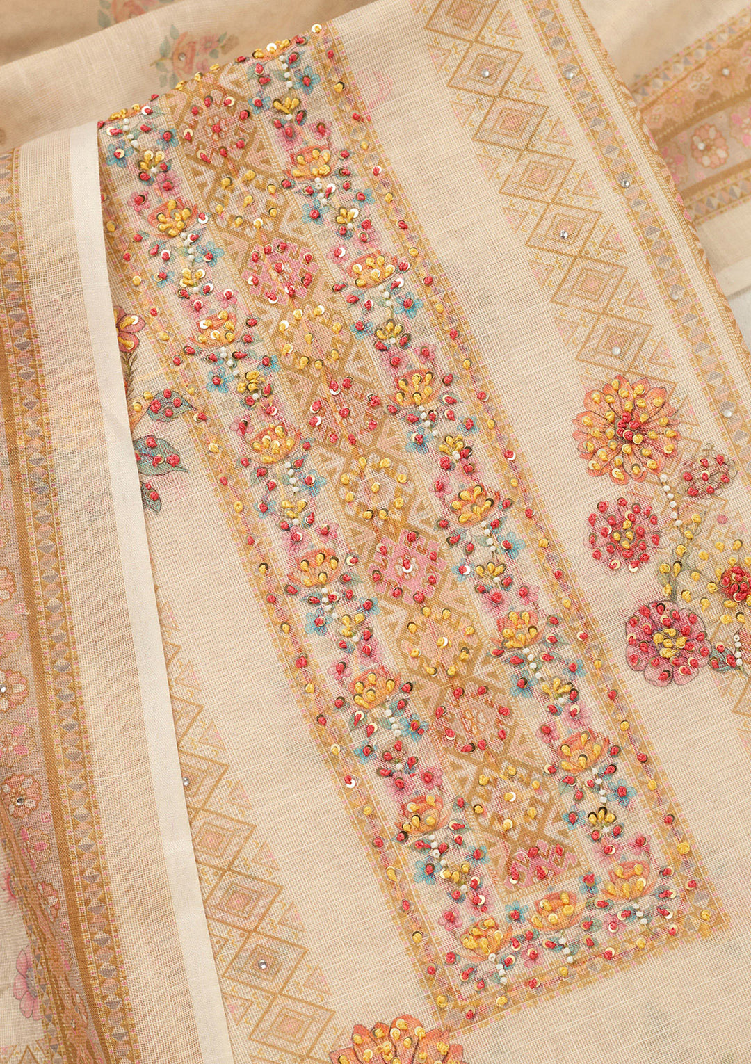 Cream Threadwork Linen Unstitched Salwar Suit