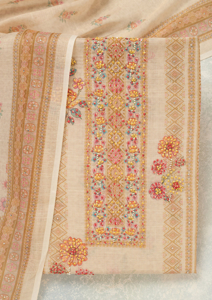 Cream Threadwork Linen Unstitched Salwar Suit