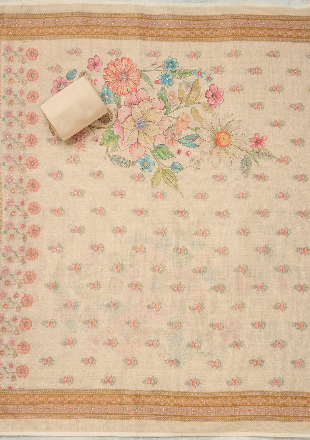 Cream Threadwork Linen Unstitched Salwar Suit