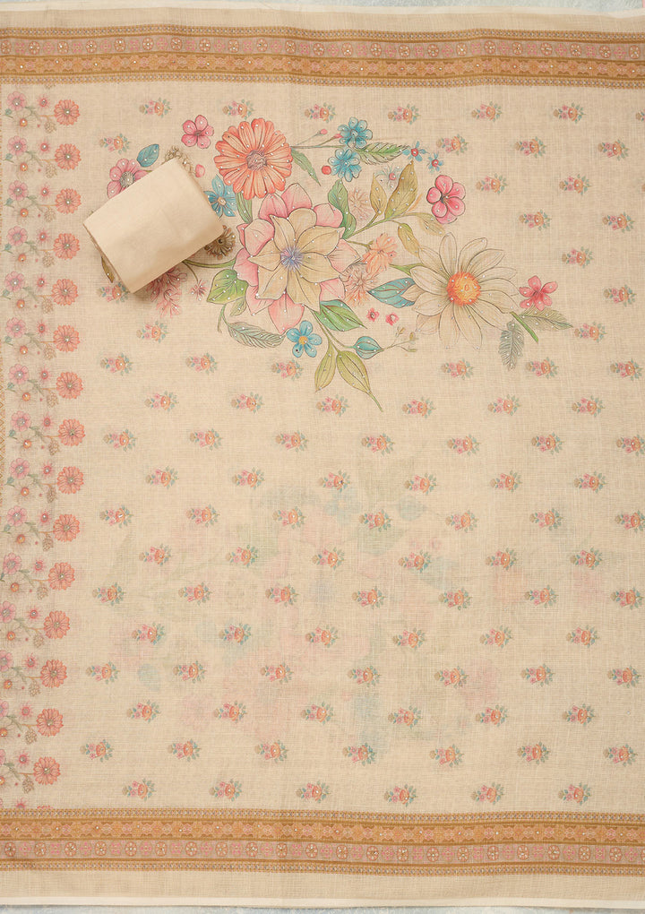 Cream Threadwork Linen Unstitched Salwar Suit