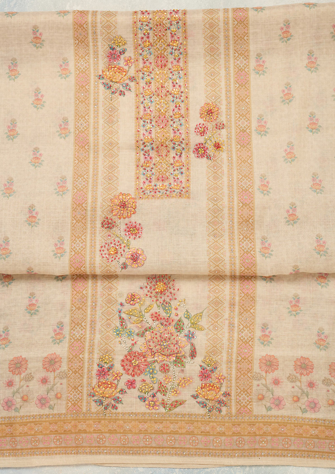 Cream Threadwork Linen Unstitched Salwar Suit