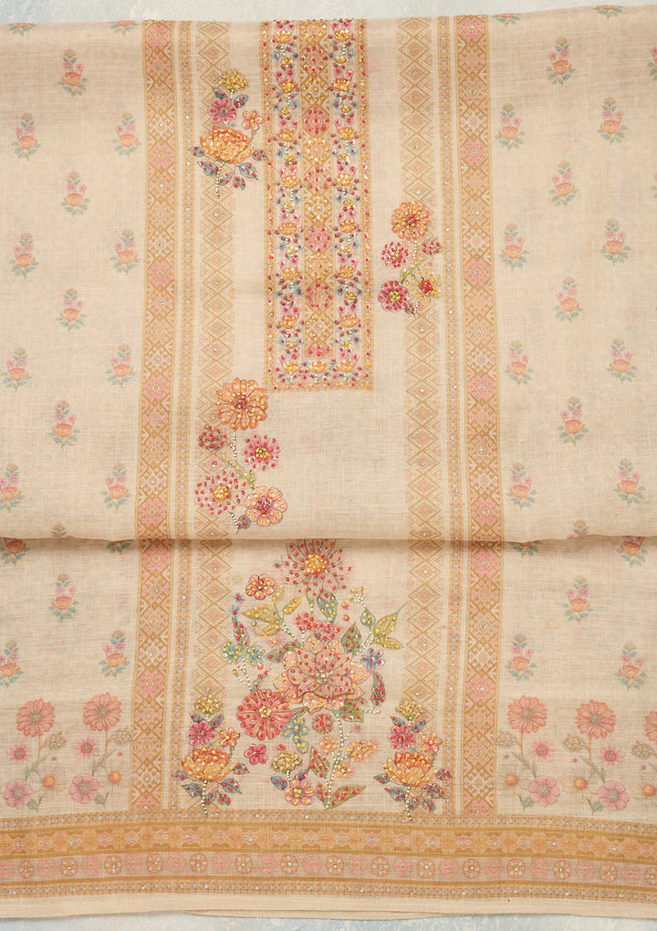 Cream Threadwork Linen Unstitched Salwar Suit