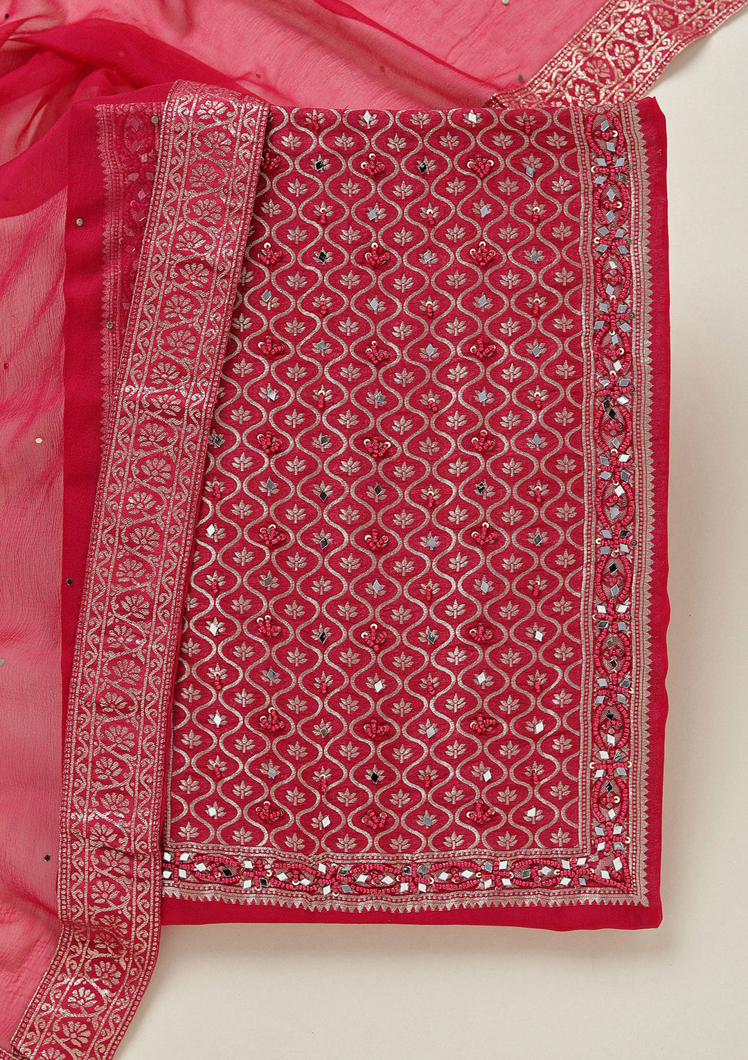 Rani Pink Zariwork (Gold) Georgette Unstitched Salwar Suit