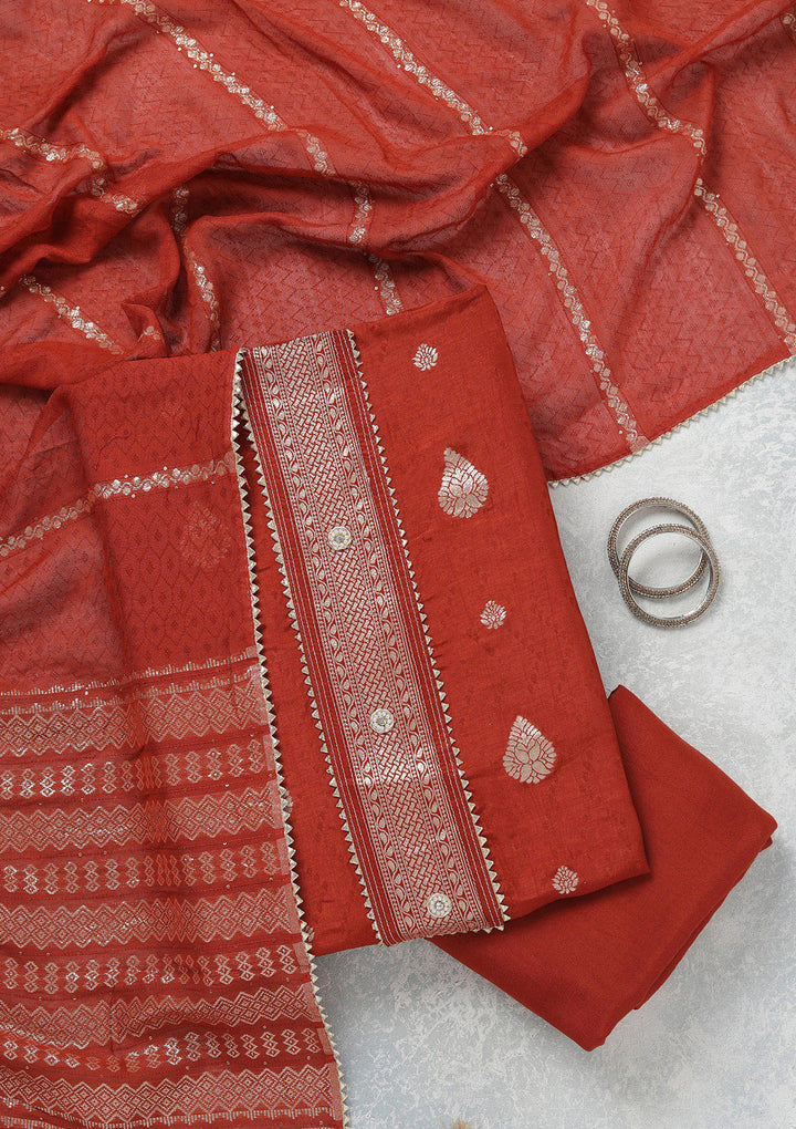 Rust Zariwork (Gold) Dola Silk Unstitched Salwar Suit