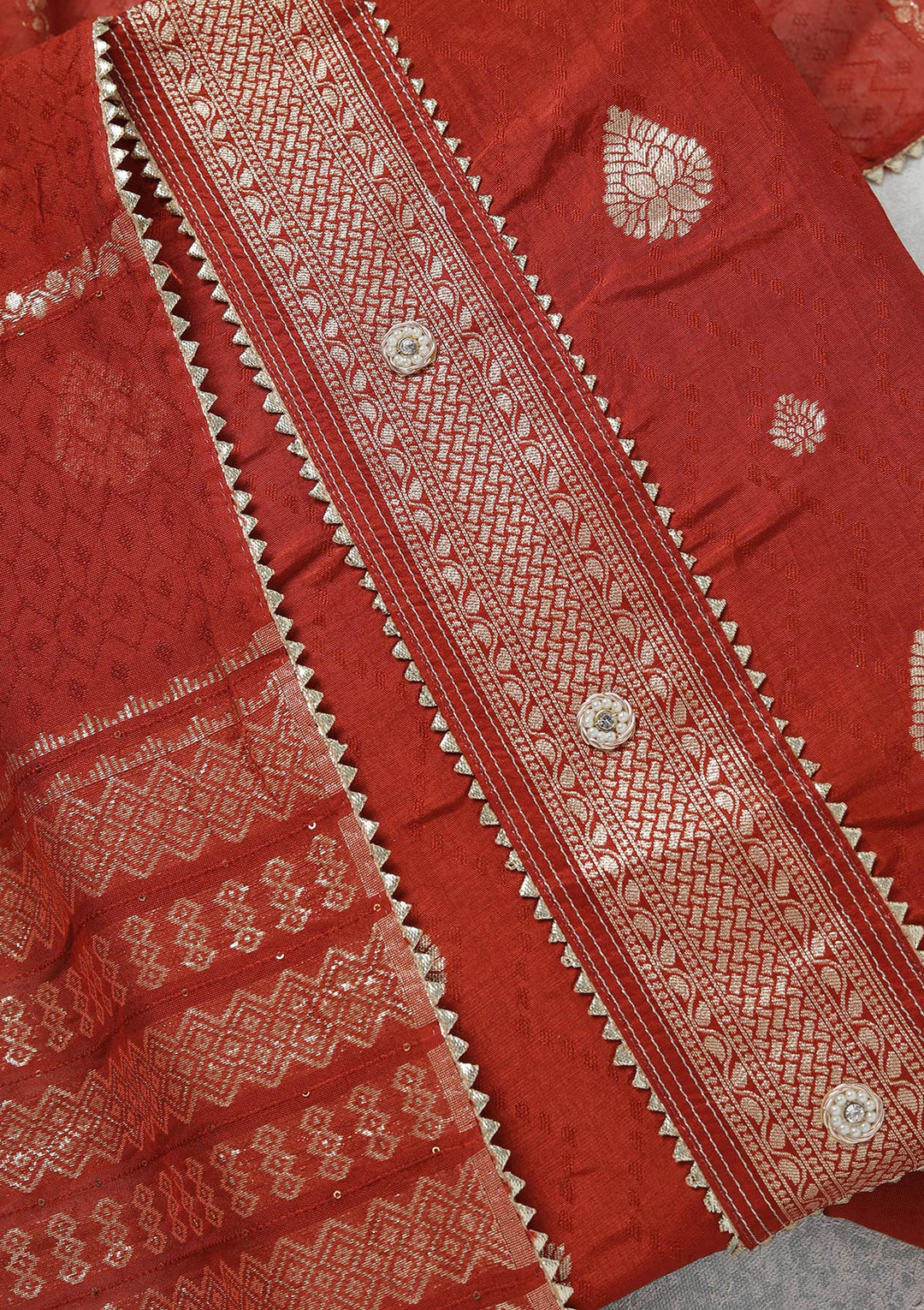 Rust Zariwork (Gold) Dola Silk Unstitched Salwar Suit