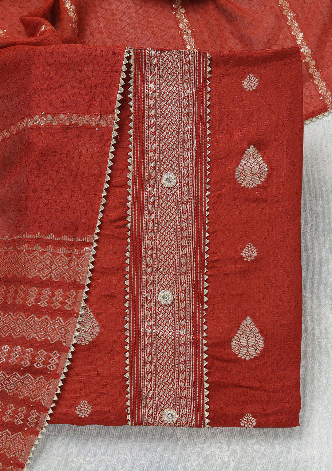 Rust Zariwork (Gold) Dola Silk Unstitched Salwar Suit